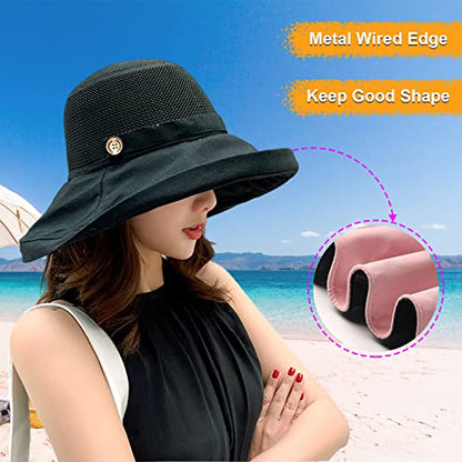 Women Wide Brim Sun Hats Metal Wired Edge Summer UV Protection Beach Fishing Hat for Hiking Garden Travel Chin Strap - color: B2-fyu001-black, size: One Size