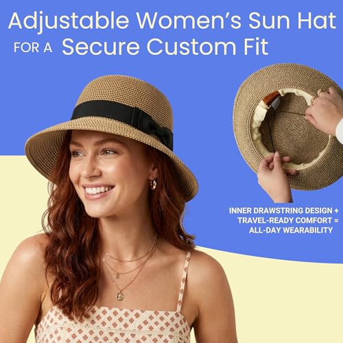 Funky Junque Foldable Wide Brim Straw Sun Hat, Packable Beach Cap - color: Brown Mix