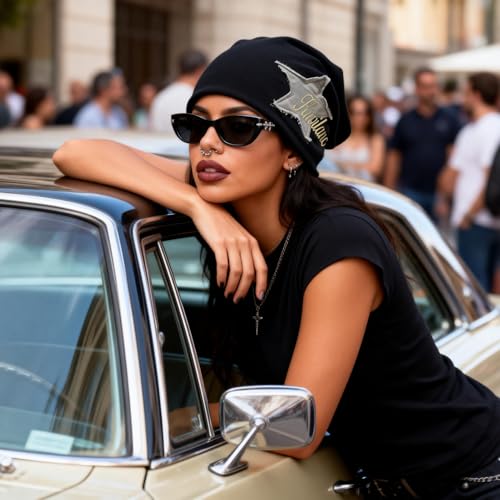 Y2K Slouch Hat Star Beanie Hat Grunge Accessories Winter Warm Cap Retro Design Knit Beanie for Women Men - color: Black