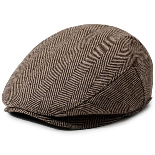 Men's Newsboy Cap with Earflaps Flat Ivy Caps Gatsby Golf Cabbie Hats - color: Coffee Herringbone