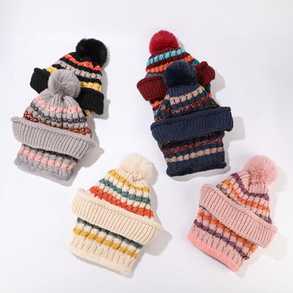 HUAMULAN Women Winter Knit Beanie Hats One Piece Fleece Lined Balaclavas - color: Beige + Colorful Stripe