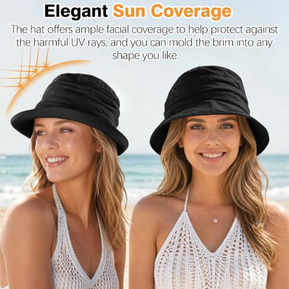 Linen Blend Ruched Bucket Hat Ultra-Light Breathable Sun Hat - color: Black