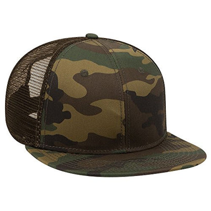 OTTO Camouflage Round Flat Visor SNAP 6 Panel Mesh Back Trucker Snapback - color: Dk.grn/Brn/Dk.brn