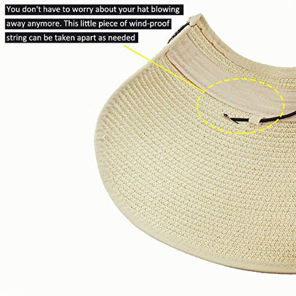 Women Sun Visors Foldable Straw Hats Summer Beach Packable Hat Floppy Wide Brim Cap Deep Style, Adjustable Size - color: Black+beige