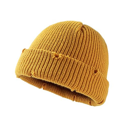 Unisex Warm Knit Skull Cap Hip-hop Slouchy Ripped Knitted Hat - color: Yellow