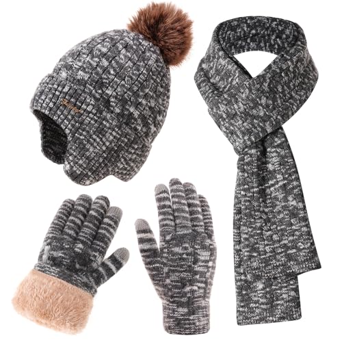 Winter Hat Scarf Gloves Set for Women, Classic Cable Beanie with Removable Pom Pom Long Scarf Touchscreen Gloves 3 in 1 Set - color: Black Mix