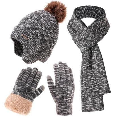 Winter Hat Scarf Gloves Set for Women, Classic Cable Beanie with Removable Pom Pom Long Scarf Touchscreen Gloves 3 in 1 Set - color: Black Mix