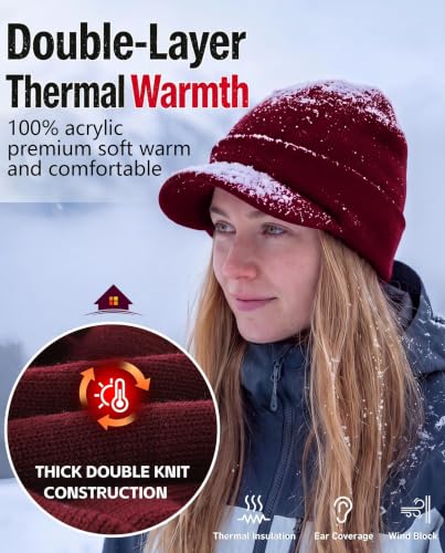 Home Prefer Men's Winter Beanie Hat with Brim Warm Double Knit Cuff Beanie Cap Watch Radar Hat - color: Burgundy