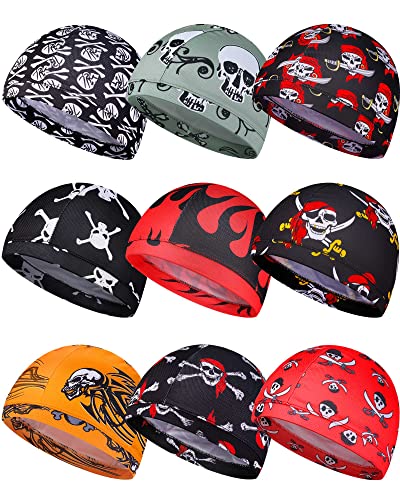 9 Pcs Cooling Skull Cap Liner Sweat Wicking Cycling Cap for Men - color: Multicolor, style: Brimless