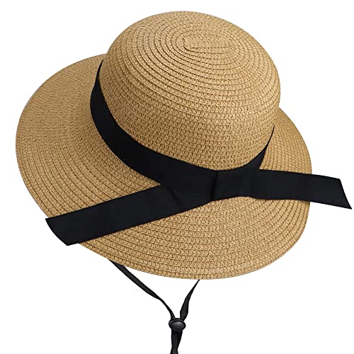Girls Wide-Brim Straw Sun-Hat for Summer Beach with Bow - color: Khaki(bow-straw Hat), size: 9-17 Years