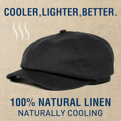 XL XXL Oversized 8 Panel Natural Linen Flat Cap Newsboy Hat Lightweight Summer Cooling Golf Outdoor Eco-Friendly - color: Black(elastic), size: Medium-Large