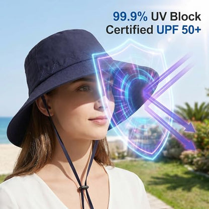 Moon Kitty Men's Sun Hat UPF 50+ Wide Brim Bucket HatAdjustable Nylon Fishing Hiking Boonie Hat for Large Heads - color: Navy