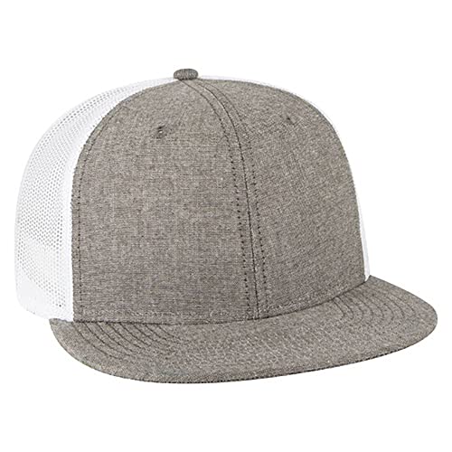 Ashen Fane 6 Panel Mid Profile Mesh Back Structured Trucker Adjustable Snapback Hat - color: Chambray Charcoal/White