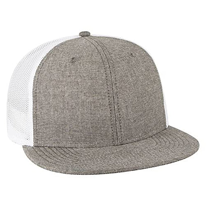 Ashen Fane 6 Panel Mid Profile Mesh Back Structured Trucker Adjustable Snapback Hat - color: Chambray Charcoal/White