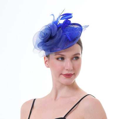 Fascinator Hat with Feather and Mesh – Floral Headpiece for Tea Party, Wedding, Cocktail Event - color: Royal Blue