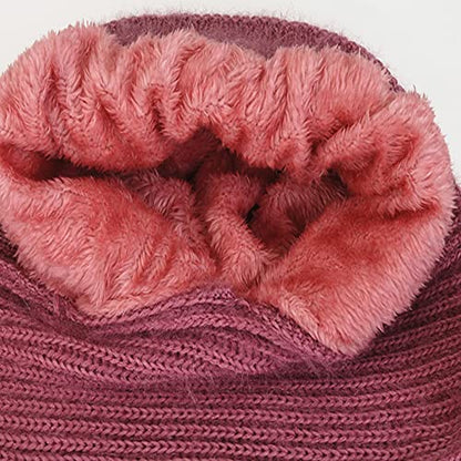 Winter Warm Elastic Soft Ear Protection Knitted Scarf Hat Fleece Lined Beanie Hat - color: H01-dark Red