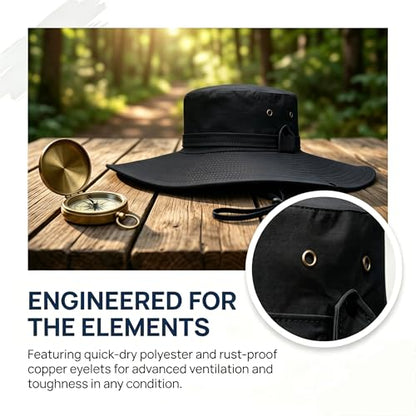 Sun Fishing Hat for Men UPF 50+ Wide Brim Boonie Hats for Summer - color: Black