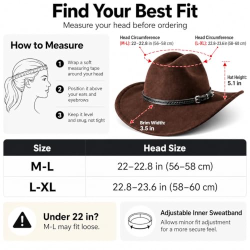 WAYCOM Western Cowboy Hat for Women: Wide Brimmed for Cowgirl - 2 Decorative Band for Men - Felt Hats for Party/Festival - color: Brown, size: Large-X-Large