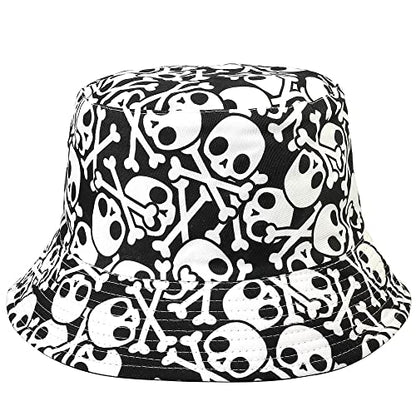 Falari Reversible Bucket Hat for Men Women Summer Travel Beach Outdoor Fishing Hat 100% Cotton - color: J907-white-skull