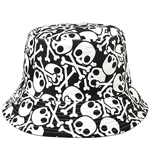 Falari Reversible Bucket Hat for Men Women Summer Travel Beach Outdoor Fishing Hat 100% Cotton - color: J907-white-skull