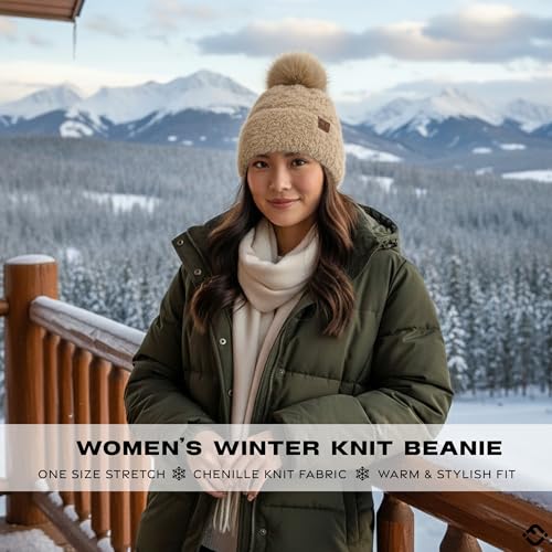 Funky Junque Beanie for Women Ultra Soft Chenille Faux Fur Pom Pom Winter Hats Warm Ski Cap Fashion - color: Beige