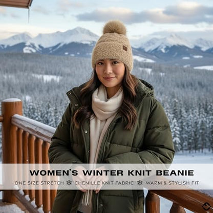 Funky Junque Beanie for Women Ultra Soft Chenille Faux Fur Pom Pom Winter Hats Warm Ski Cap Fashion - color: Beige
