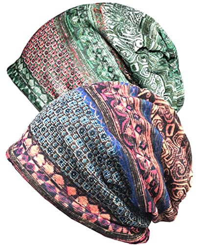XYIYI Womens Chemo Headwear Hats Cotton Slouchy Beanie Cap Scarf - color: 2pcs Ethnic Green Blue-v