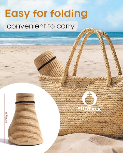FURTALK Sun Hats for Women Wide Brim Ponytail Straw Visor Foldable Beach - color: Khaki+black+beige With Black