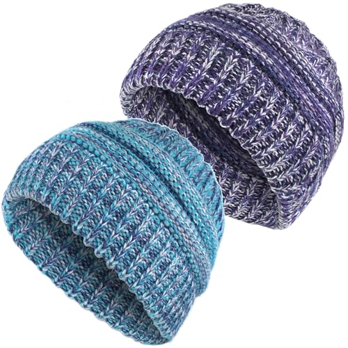 Women Ponytail Beanie 2-Pack, Thick Thermal Soft Acrylic Winter Skull Cap - color: B & E