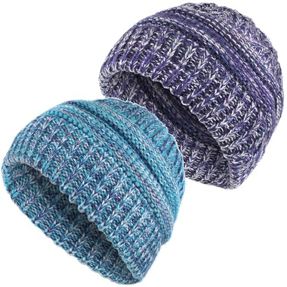 Women Ponytail Beanie 2-Pack, Thick Thermal Soft Acrylic Winter Skull Cap - color: B & E