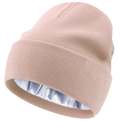 Satin Lined Knit Beanie Hat-100% Cotton Winter Hats for Women Men - color: 1-pink