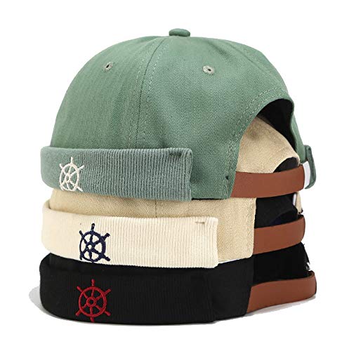 Rudder Embroidery Pattern Sailor Cap Rolled Cuff Retro Brimless Hat - color: A-black+beige+green