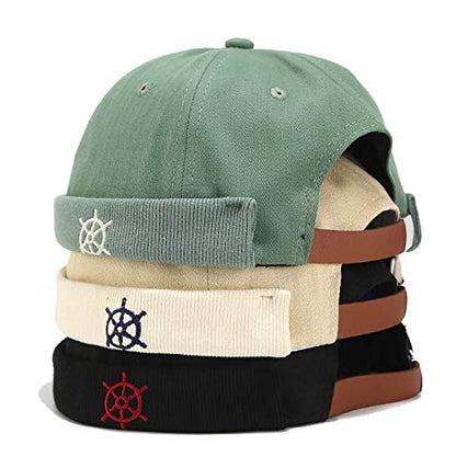 Rudder Embroidery Pattern Sailor Cap Rolled Cuff Retro Brimless Hat - color: A-black+beige+green