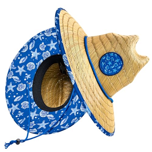 grinderPUNCH Straw Sun Hat for Men Women Wide Brim Beach Fishing UPF 50 - color: Blue Nautical