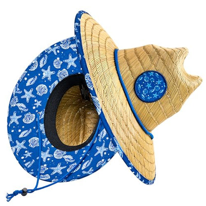 grinderPUNCH Straw Sun Hat for Men Women Wide Brim Beach Fishing UPF 50 - color: Blue Nautical