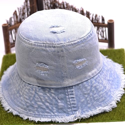 Cotton Denim Distressed Bucket Hat, Sun Hat, Hat for Men and Women - color: Blusa
