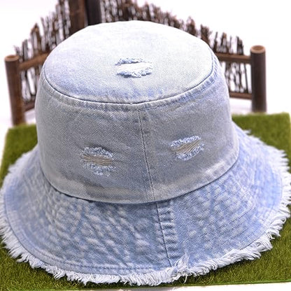 Cotton Denim Distressed Bucket Hat, Sun Hat, Hat for Men and Women - color: Blusa