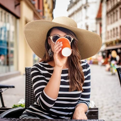 DRESHOW Big Straw Sun Hats for Women Floppy Foldable Roll up Beach Cap Sun Hat UPF 50+ Vacation Honeymoon Embroidered Hat - color: Medium Size: Beige / Brim 5.5" (Head Circumference 22-22.8")