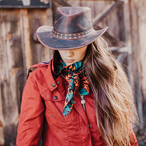 Outback Trading Unisex Adult's Hemlock Leather Durable Brown Cowboy Hat with Chin Cord, Wire Brim & Double Studded Hatband - size: X-Large