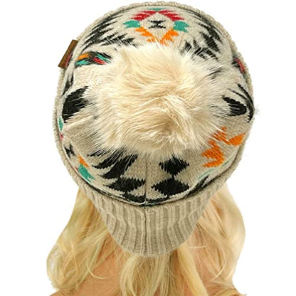 C.C Fur Pom Winter Fall Trendy Chunky Stretchy Cable Knit Beanie Hat - color: Aztec Beige