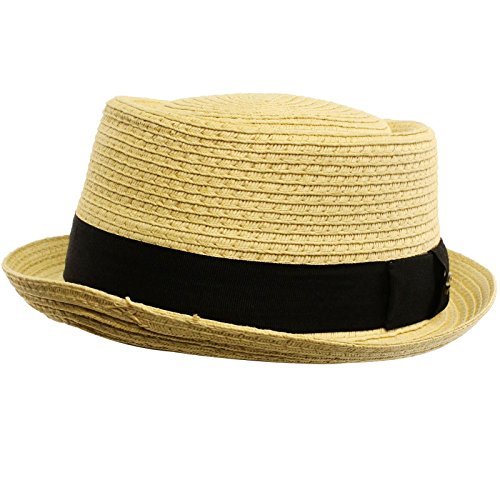 Men's Cool Summer Straw Pork Pie Derby Fedora Upturn Brim Hat L/XL White
