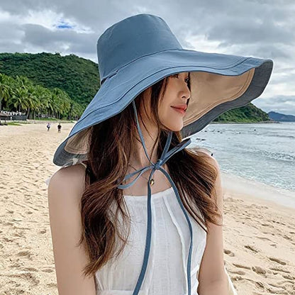HUAMULAN Women Summer Vacation Wide Brim Sun Hat Reversible Fishing Hats - color: Bluebeige