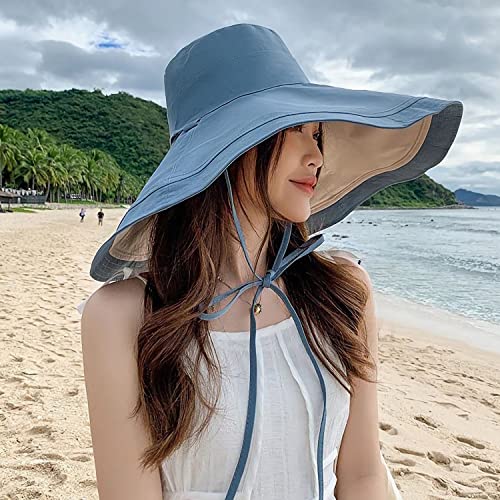 HUAMULAN Women Summer Vacation Wide Brim Sun Hat Reversible Fishing Hats - color: Bluebeige