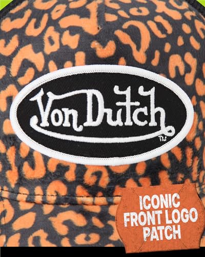 Von Dutch Unisex Velvet Trucker Hat, Curved Bill, Mesh Back, Snapback - color: Orange Leopard