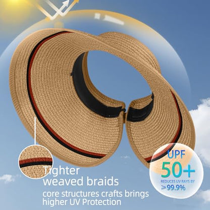 Women's Sun Visor Hats Wide Brim Straw Beach Hat Ponytail Hats for Women Foldable Floppy - color: 1pack-kahaki/Redstripe