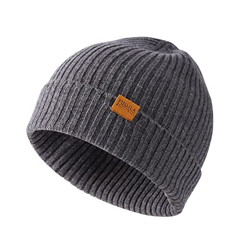 100% Merino Wool Cuff Beanie Hat, Unisex Warm Winter Caps Soft, Breathable & Cozy Stretchy Knitted Cuffed Cap - color: Grey