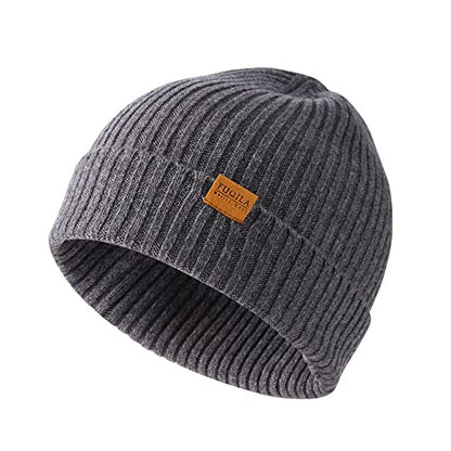 100% Merino Wool Cuff Beanie Hat, Unisex Warm Winter Caps Soft, Breathable & Cozy Stretchy Knitted Cuffed Cap - color: Grey