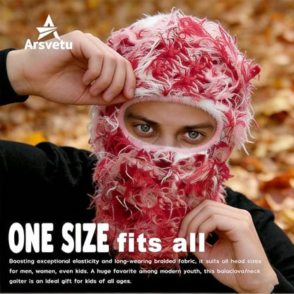 Distressed Ski Mask Balaclava, Yeat Shiesty Knitted Full-Face Mask - color: Darkred