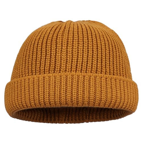 CLAPE Fisherman Short Beanie for Men Trawler Cuffed Cap Roll-up Edge Skullcap Soft Winter Watch Hat Knit Hats - color: Kh47-l-camel, size: Small