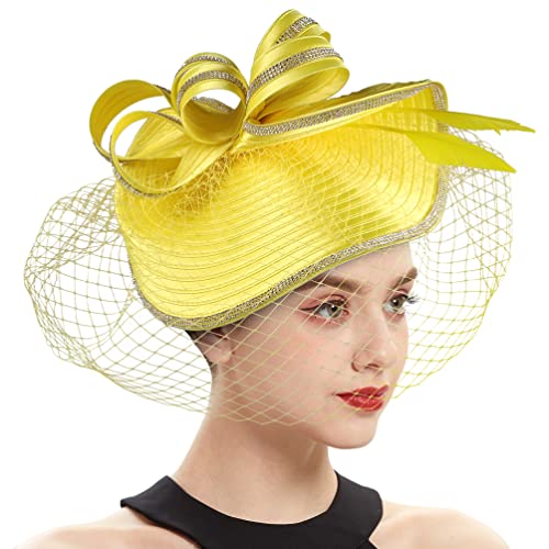 Beaupretty Fascinators Hat Headband - Fascinators Headpiece Fascinators Hat for Women Girls Veil Mesh Headband Tea Party Hat - color: Yellow